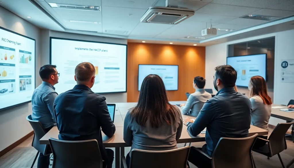 Salle de formation moderne avec des professionnels en tenue décontractée participant à un atelier sur la mise en place du plan HACCP en restauration rapide.