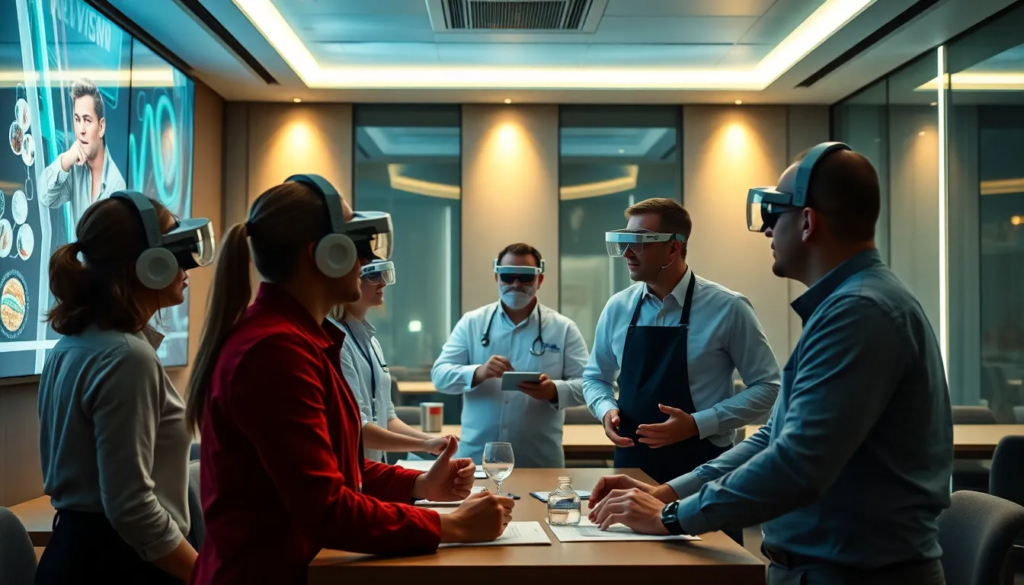 Formation en hygiène alimentaire avec des formateurs et managers de restaurant utilisant la réalité virtuelle dans une salle moderne.