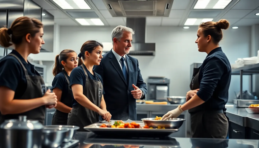Groupe de jeunes apprentis dans une cuisine de formation moderne, participant à une formation pratique sous la supervision d'un formateur habillé en costume.