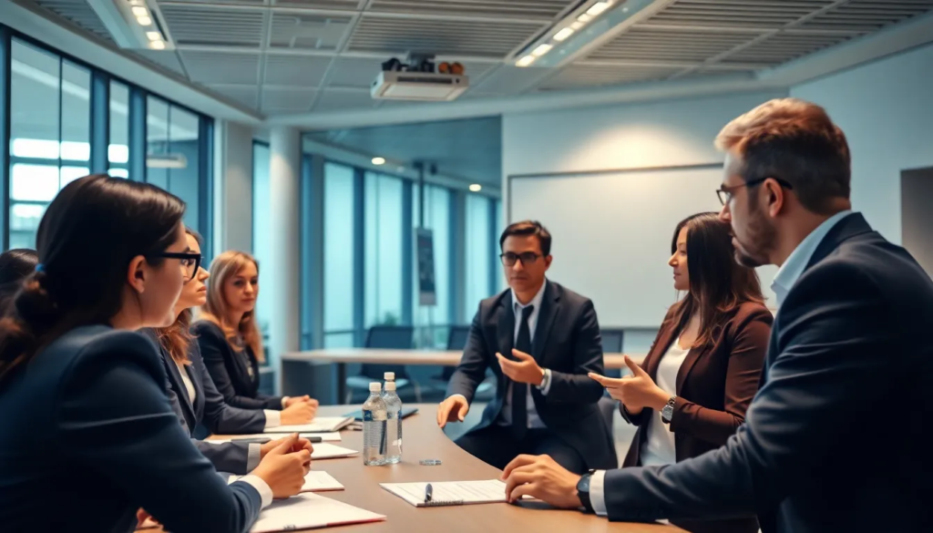 Salle de formation moderne avec plusieurs professionnels en tenue décontractée participant à un atelier sur les aides financières pour les apprentis dans le secteur de la restauration rapide.