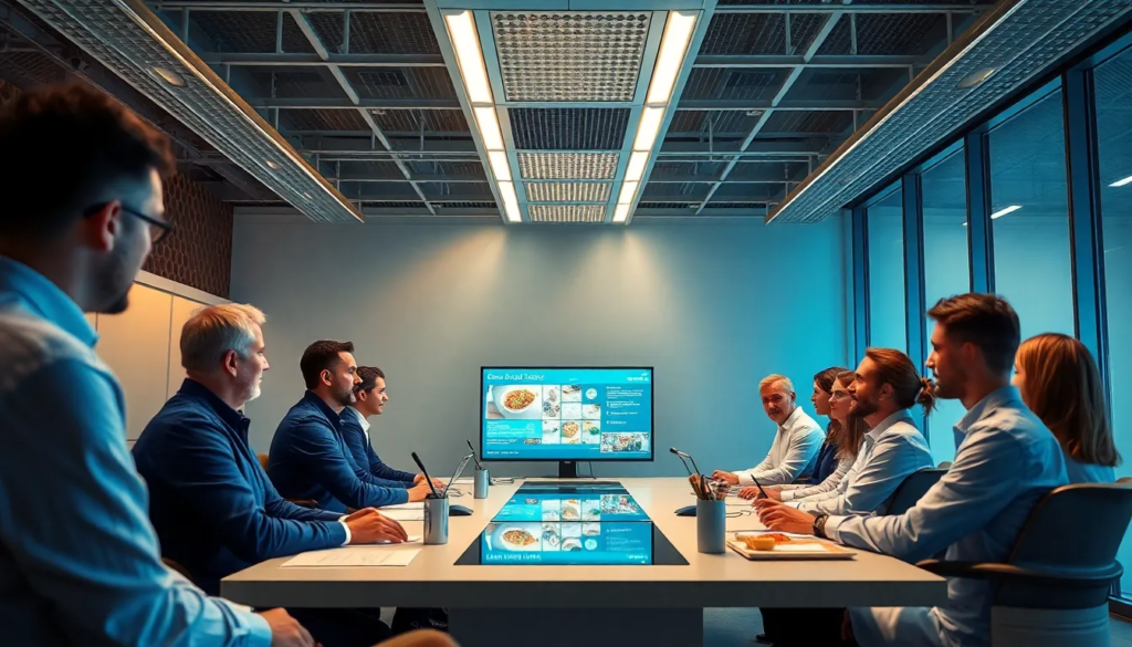Salle de formation moderne avec des groupes de professionnels engagés dans des cours e-learning sur l'hygiène et la sécurité alimentaire.