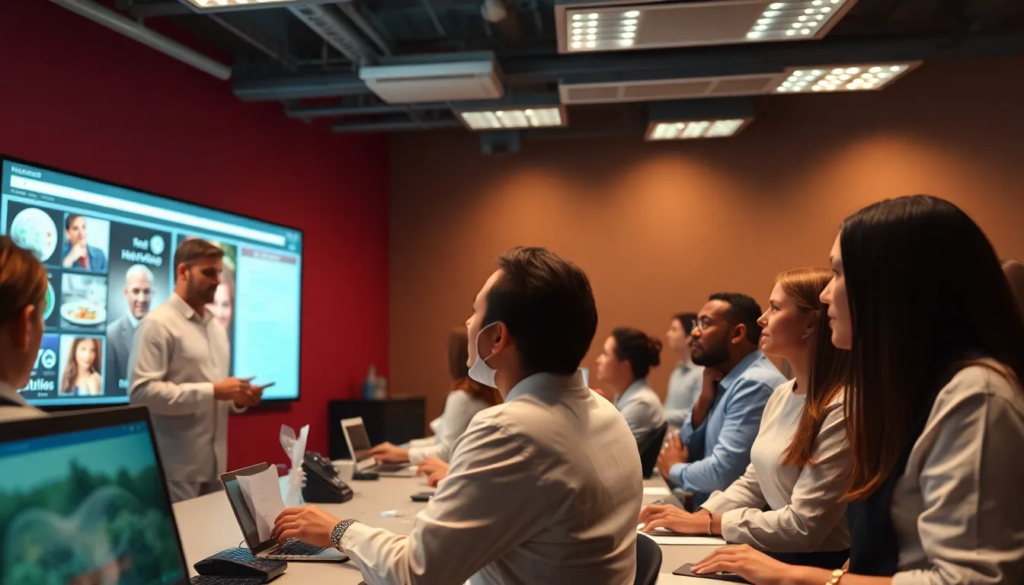 Salle de formation dynamique avec des professionnels diverse participant à un module d'apprentissage numérique sur les réglementations HACCP et l'hygiène alimentaire.