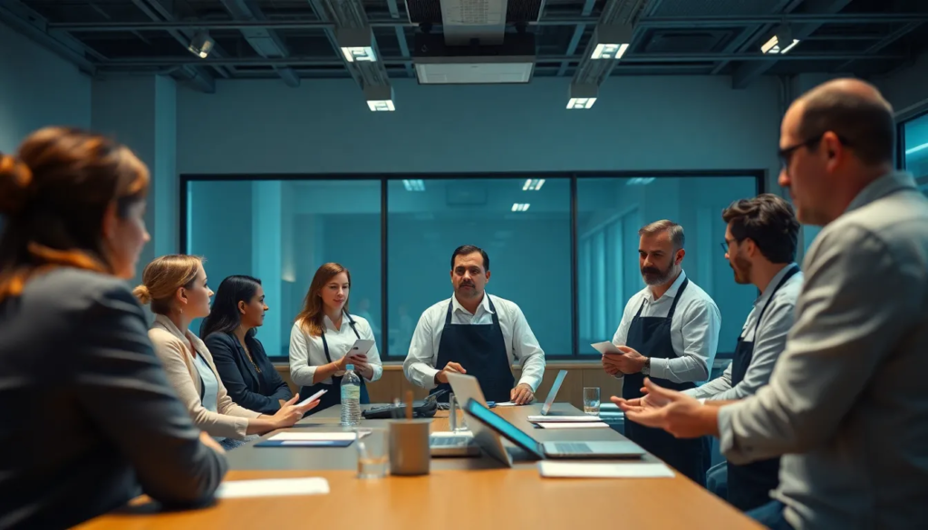 Salle de formation moderne où des professionnels échangent sur la sécurité alimentaire et l'hygiène, avec des outils numériques et une ambiance éclairée de manière cinématographique.
