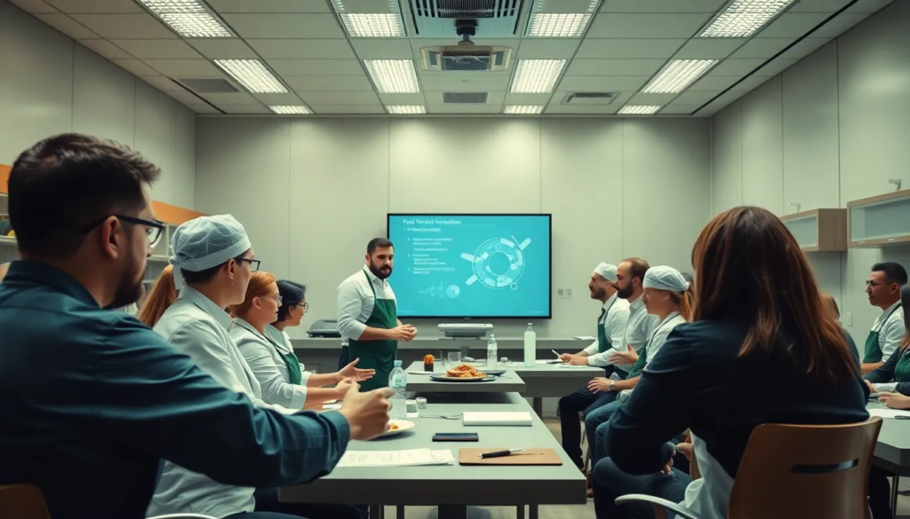 Salle de formation moderne avec des professionnels de la restauration rapide participant à un atelier dynamique sur l'hygiène et la sécurité alimentaire, mettant en avant des outils d'apprentissage interactifs.