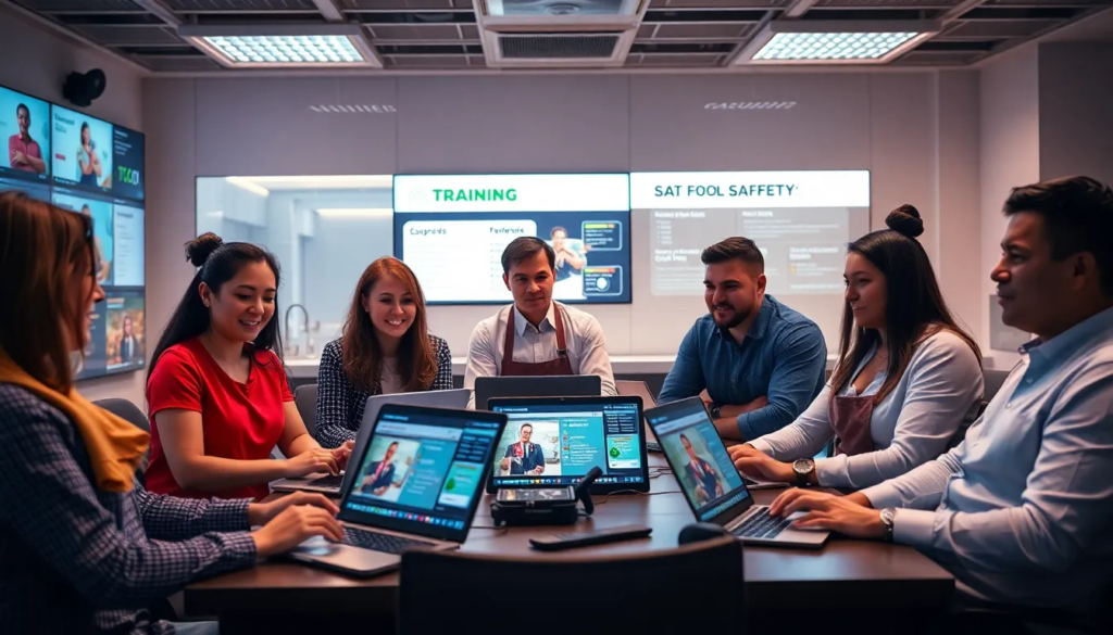 Salle de formation moderne pour la sécurité alimentaire, avec un groupe de 6 professionnels participant à une session d’e-learning, utilisant des ordinateurs portables et des écrans numériques.
