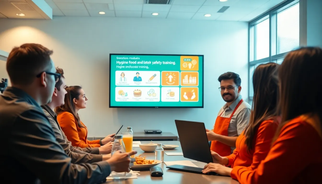 Session de formation moderne sur l'hygiène et la sécurité alimentaire avec des employés de la restauration rapide utilisant des modules e-learning interactifs.