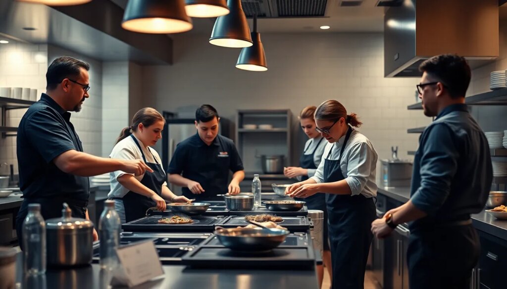 Session de formation dynamique dans une cuisine de restaurant moderne avec un petit groupe de stagiaires, mettant en avant l'interaction et l'apprentissage.