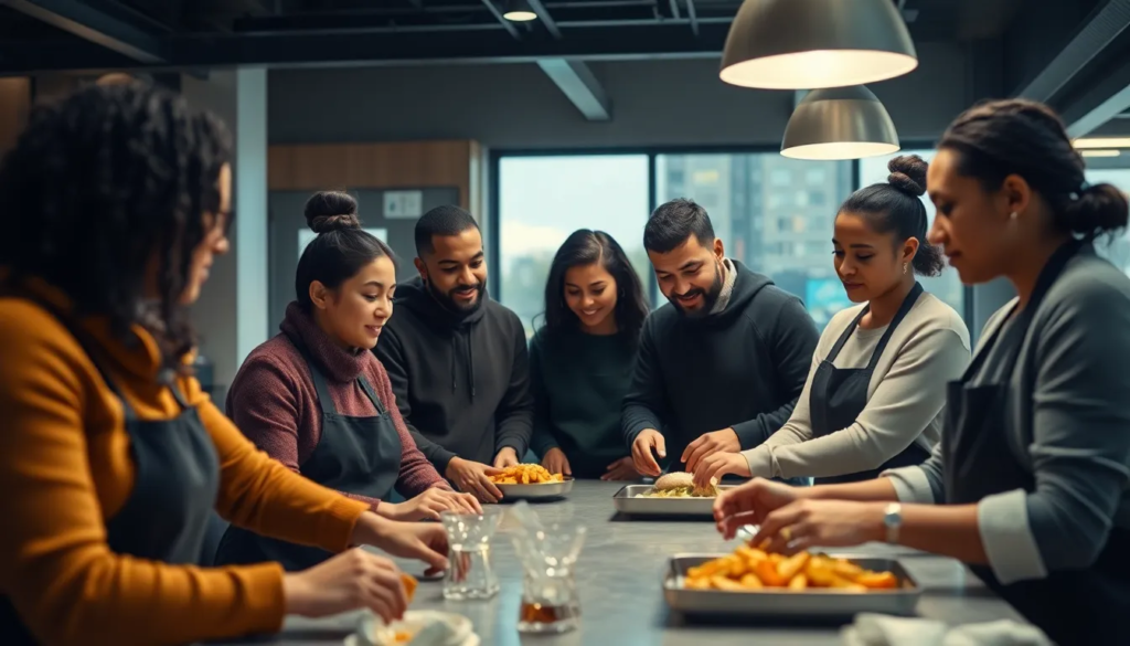 Salle moderne de formation avec un groupe diversifié d'individus participant à une session pratique sur les compétences de service en restauration rapide.