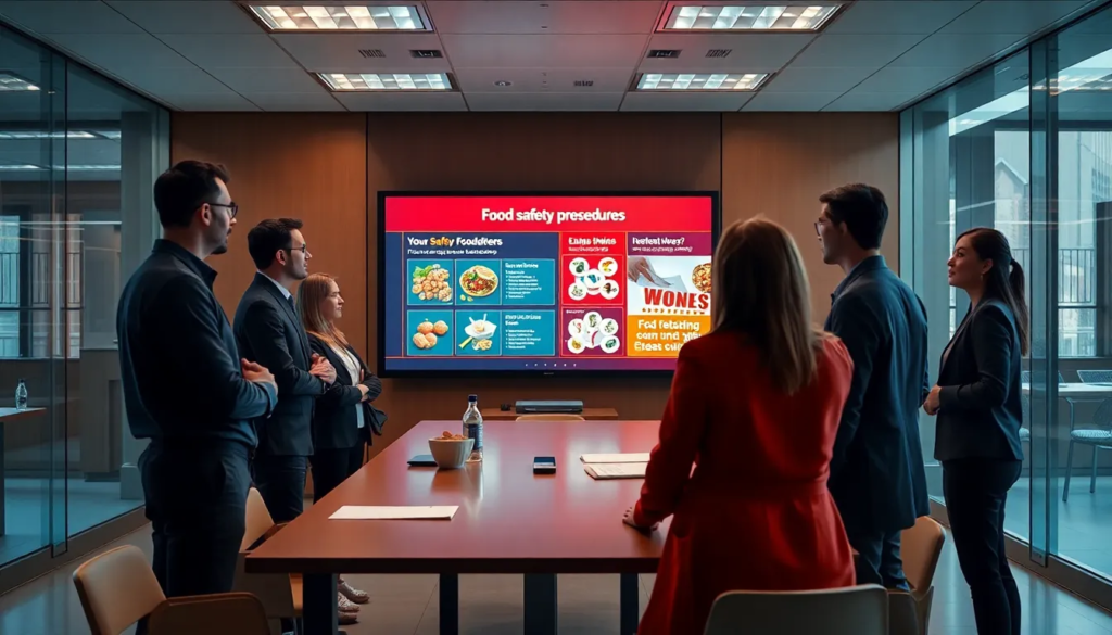 Groupe de professionnels dans une salle de formation moderne discutant des procédures de sécurité alimentaire avec un écran numérique interactif.