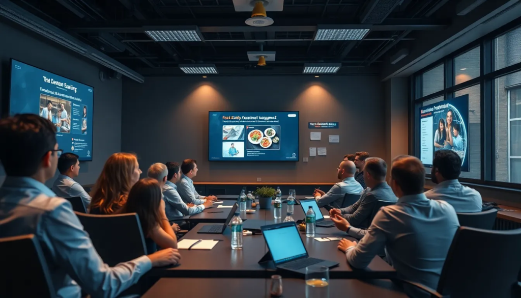 Salle moderne de formation avec des professionnels participant à une session e-learning sur la sécurité alimentaire et la gestion de restaurant.