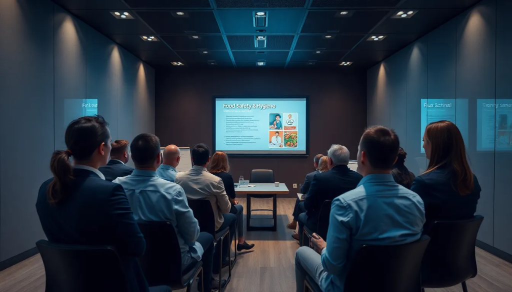 Salle de formation moderne avec des professionnels en tenue de ville participant à un séminaire sur la sécurité alimentaire et l'hygiène.
