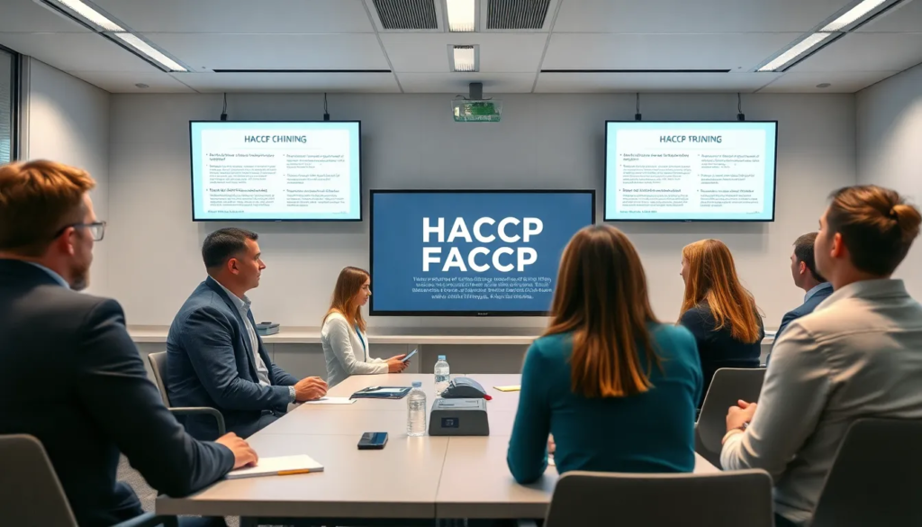 Groupe de professionnels discutant des principes HACCP dans un environnement de formation moderne, avec des écrans numériques affichant des directives de sécurité alimentaire.