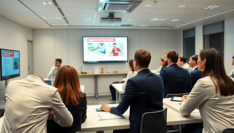 Salle de formation moderne où des stagiaires en tenue professionnelle participent à un atelier sur l'hygiène et la sécurité alimentaire.