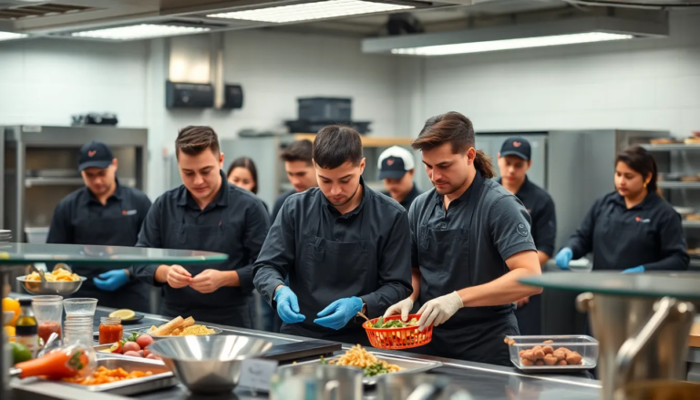 Session de formation moderne dans un espace de préparation de restauration rapide avec des apprentis s'engageant activement dans des pratiques d'hygiène et de sécurité alimentaire.