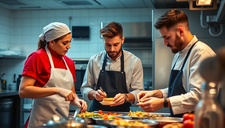 Groupe de 3 personnes participant à une session de formation pratique dans une cuisine moderne, apprenant à préparer des plats de restauration rapide.