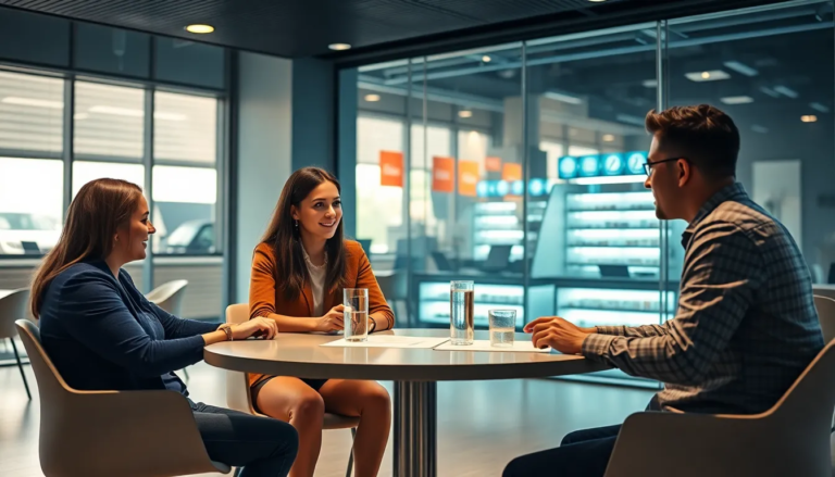 Groupe de 3 jeunes professionnels dans un environnement de formation moderne discutant d'un projet sur les normes de sécurité en restauration rapide.