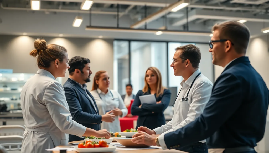Groupe de professionnels dans un environnement de formation moderne participant à un atelier sur l'hygiène alimentaire et la sécurité.