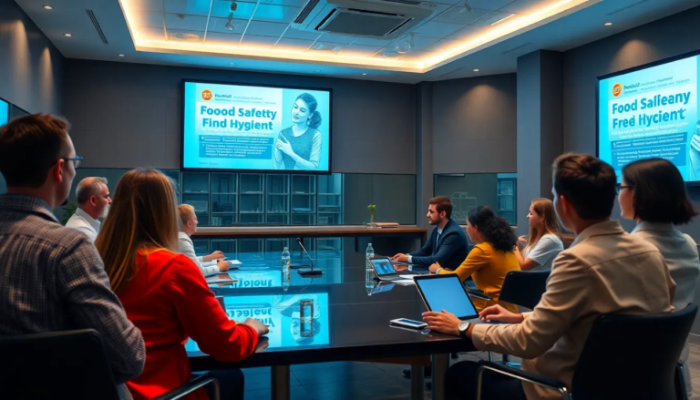 Salle de formation moderne avec un groupe de professionnels participant à une session e-learning interactive sur l'hygiène et la sécurité alimentaire.