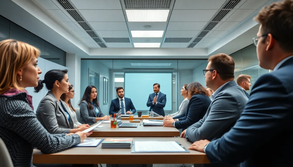Atelier de formation moderne sur l'hygiène alimentaire avec des professionnels en tenue de travail engagés dans des échanges.
