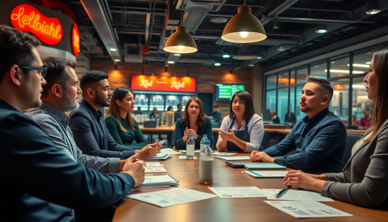 Atelier de formation réunissant des professionnels discutant du management et du leadership dans le secteur de la restauration rapide, avec des matériaux modernes sur les tables et un éclairage cinématographique.