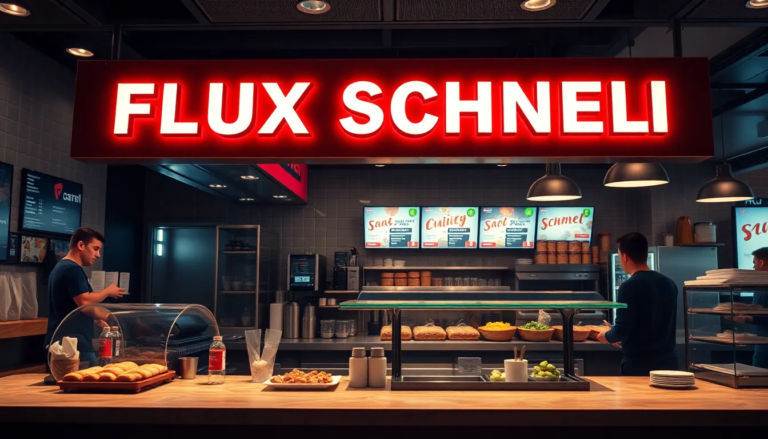 Cuisine moderne de restauration rapide avec des systèmes de commande numériques et des options de paiement sans contact, mettant en valeur une atmosphère dynamique et efficace.
