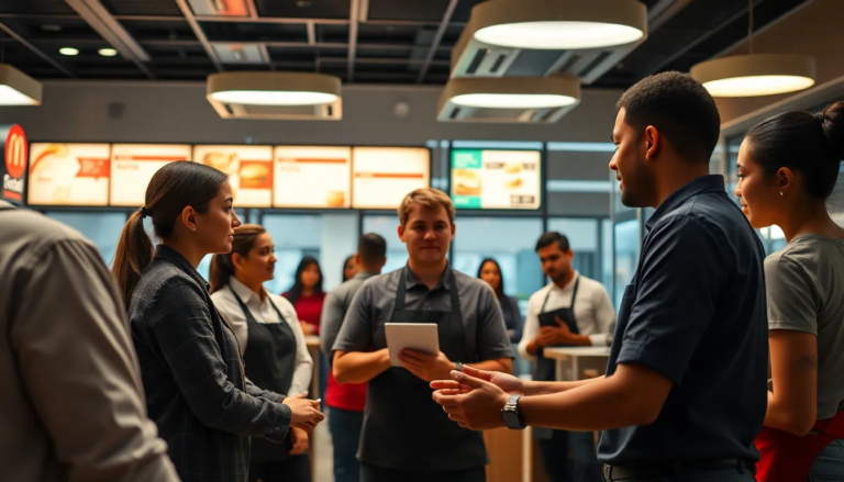 Environnement moderne de formation en restauration rapide avec des employés engagés dans un apprentissage pratique des compétences en service client.