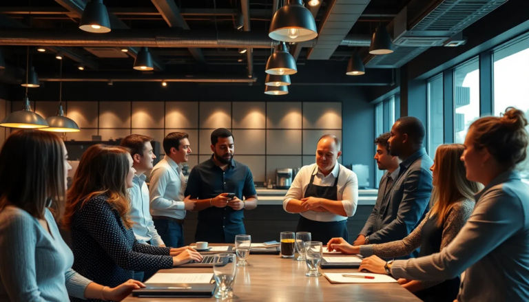 Séance de formation dynamique dans un cadre moderne de restauration rapide, avec un groupe divers de stagiaires discutant des pratiques de gestion efficaces.