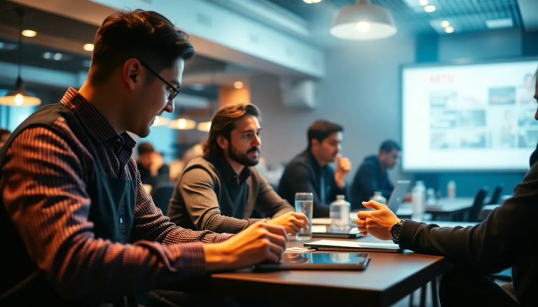 Session de formation dynamique pour les managers de restaurant, axée sur le leadership et la gestion d'équipe, avec des participants discutant et utilisant des outils numériques.