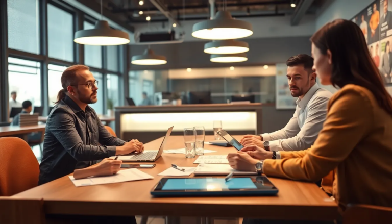 Groupe de professionnels discutant des aides financières pour la formation en restauration rapide dans un environnement moderne.