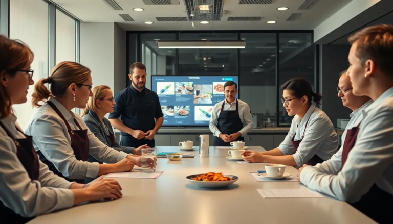 Groupe de formateurs et de professionnels de la restauration réunis autour d'une table dans une salle de formation moderne, discutant des normes d'hygiène alimentaire avec des supports visuels engageants.