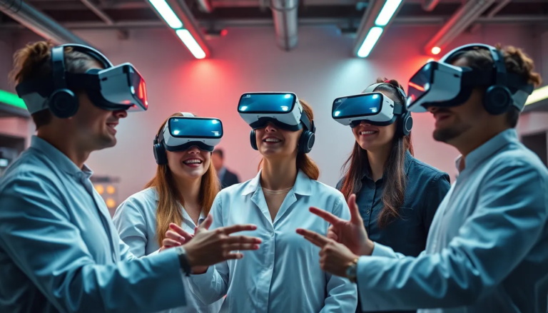 Groupe de cinq professionnels engagés dans une formation immersive en réalité virtuelle sur l'hygiène et la sécurité alimentaire.