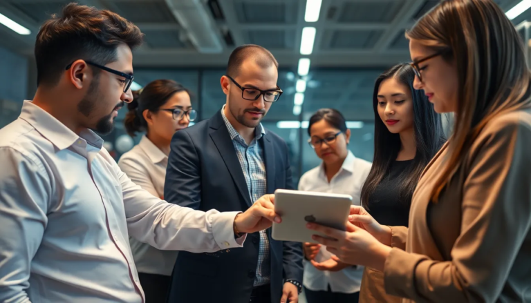 Professionnels en tenue d'affaires discutant de la réglementation sur la sécurité alimentaire dans un environnement de formation moderne avec un outil numérique.
