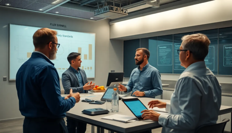 Salle de formation moderne avec des professionnels engagés dans une discussion sur les normes de sécurité alimentaire, utilisant des outils numériques et des graphiques.