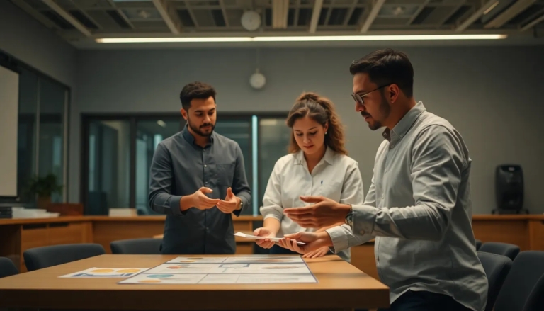 Séance de formation dynamique dans une salle moderne avec des participants discutant des normes d'hygiène alimentaire, entourés de supports interactifs.