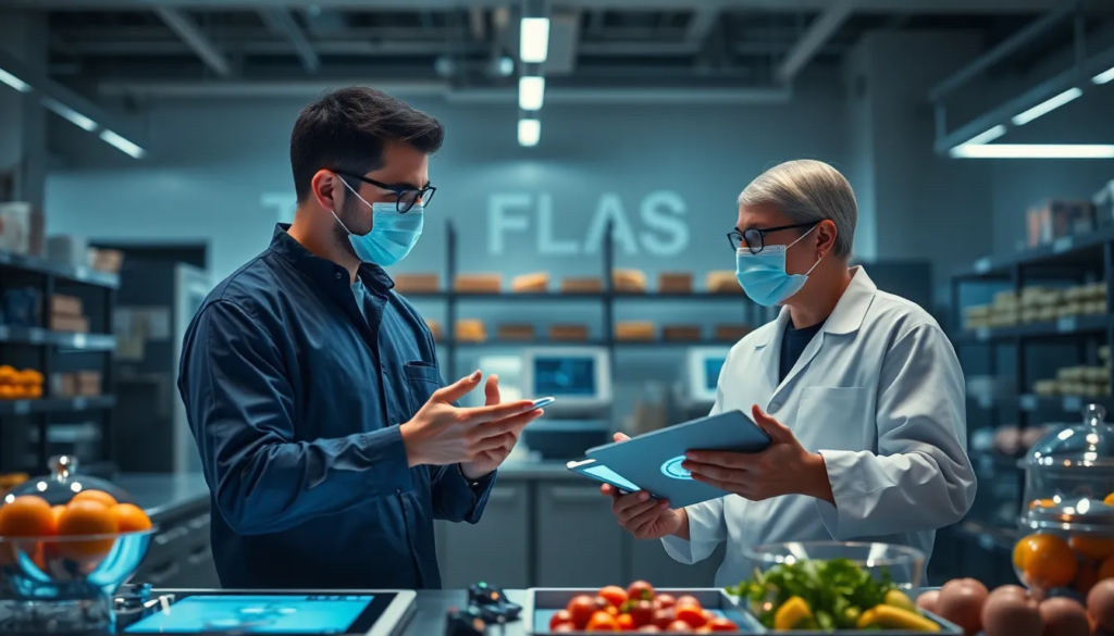 Professionnels discutant des protocoles de sécurité alimentaire dans un cadre de formation moderne, entourés d'outils numériques interactifs.