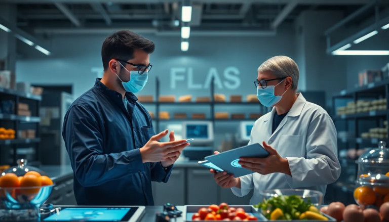 Professionnels discutant des protocoles de sécurité alimentaire dans un cadre de formation moderne, entourés d'outils numériques interactifs.