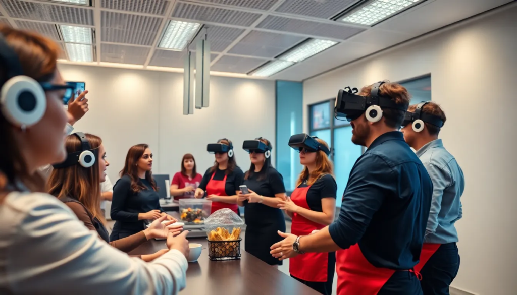Salle de formation moderne avec un groupe de personnes s'engageant dans une séance de formation en réalité virtuelle axée sur les procédures de service dans la restauration rapide.