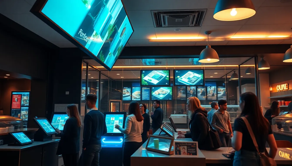 Intérieur moderne d'un restaurant avec des bornes de commande numériques et des écrans d'affichage, clients interagissant avec la technologie.