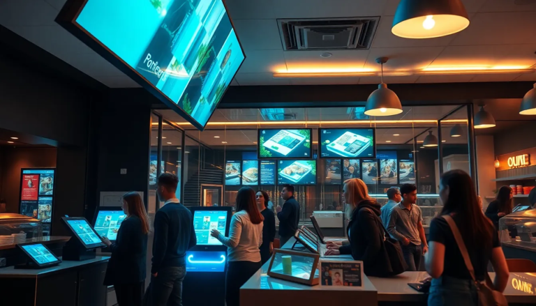 Intérieur moderne d'un restaurant avec des bornes de commande numériques et des écrans d'affichage, clients interagissant avec la technologie.