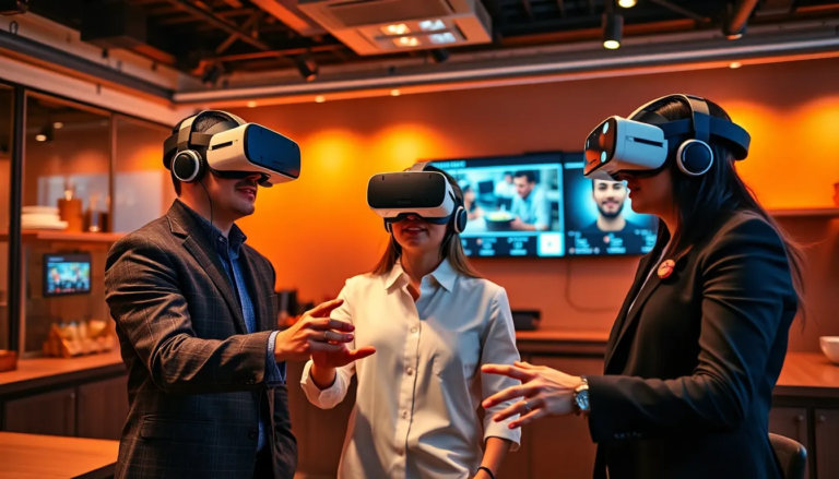 Professionnels en tenue d'affaires interagissant avec un setup de formation en réalité virtuelle dans une salle moderne dédiée à la restauration.