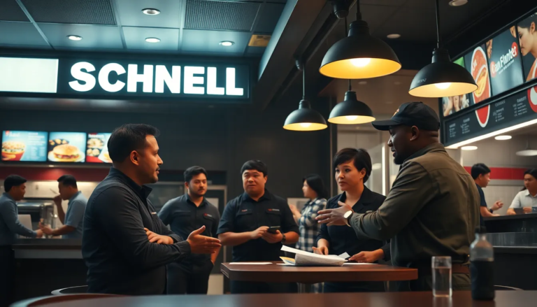 Environnement moderne d'un restaurant rapide avec des employés participant à une formation sur la gestion et le management, mettant en avant l'interaction dynamique.