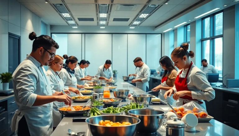 Salle de formation moderne avec des groupes de deux personnes participant à un cours de cuisine pratique et discutant des pratiques d'hygiène.