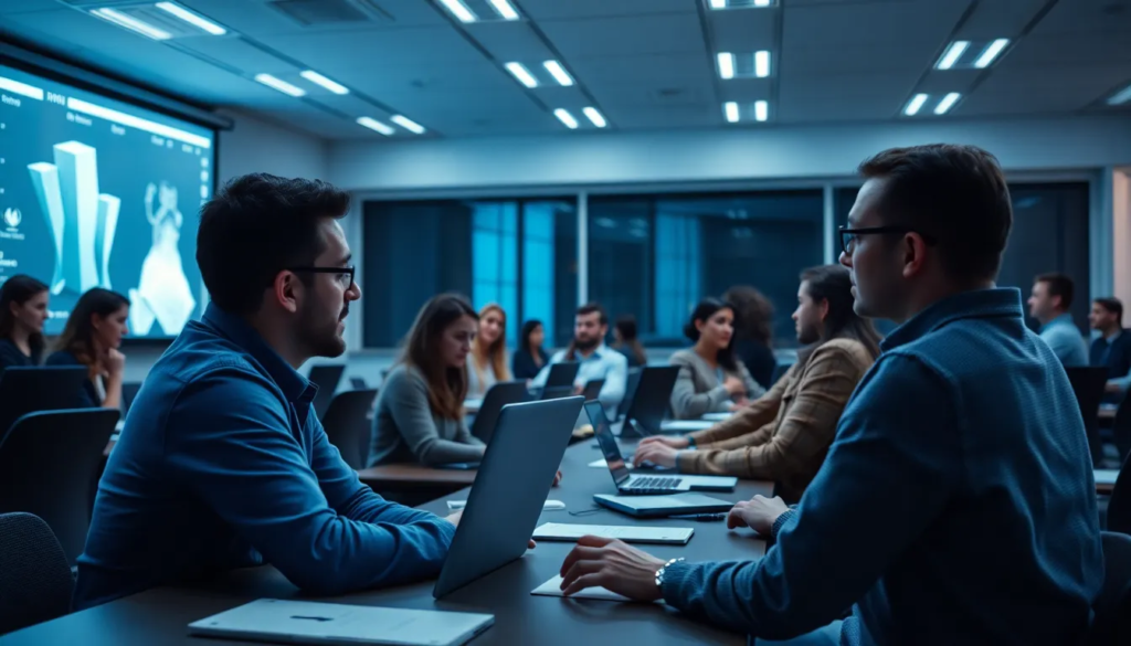 Salle de formation moderne avec des professionnels participant à une session sur l'optimisation de l'expérience client, utilisant des outils numériques.