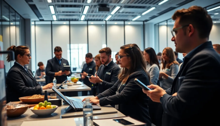Salle de formation moderne avec des groupes de professionnels engagés dans un atelier sur les pratiques de sécurité alimentaire, utilisant des outils numériques interactifs.