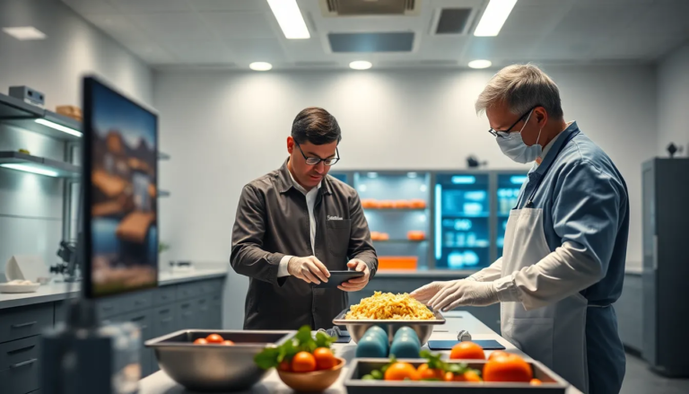 Salle de formation moderne avec deux professionnels participant à une session pratique sur la sécurité alimentaire, utilisant des outils numériques innovants.