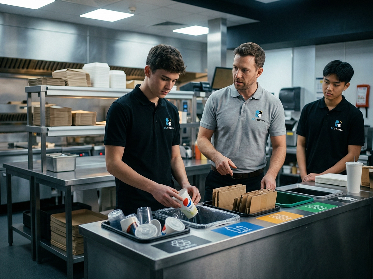 Formation éco-responsabilité en restauration rapide à Dijon avec apprenants triant les déchets sous supervision d’un formateur