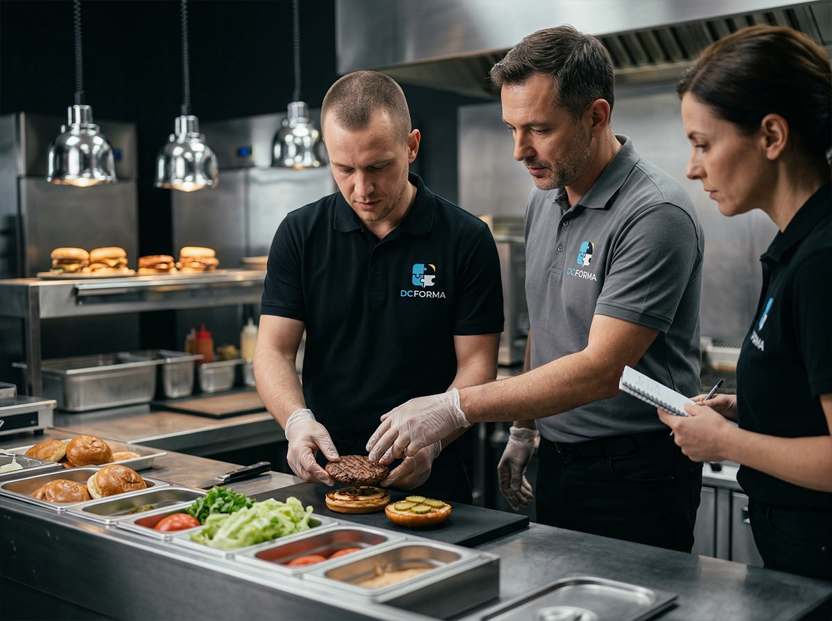 Formation employé polyvalent en restauration rapide à Dijon avec apprenant préparant un burger sous supervision d’un formateur