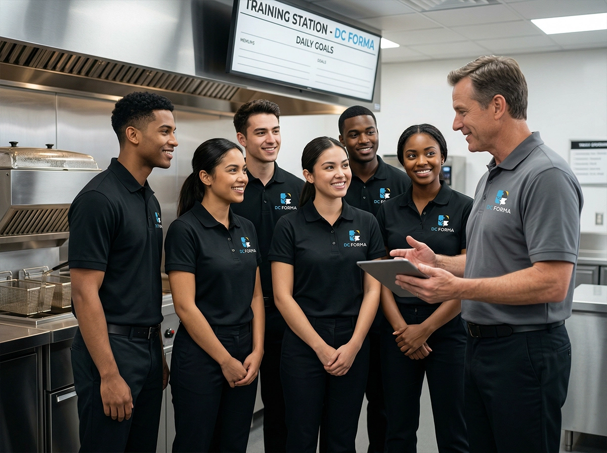 Formation en restauration à Dijon avec formateur et équipe d’apprenants en session professionnelle