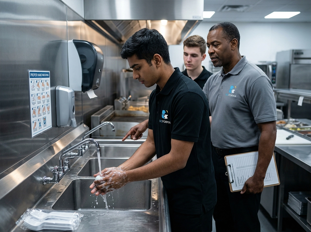 Formation en hygiène en restauration rapide à Dijon avec apprenant en train de se laver les mains sous supervision d’un formateur