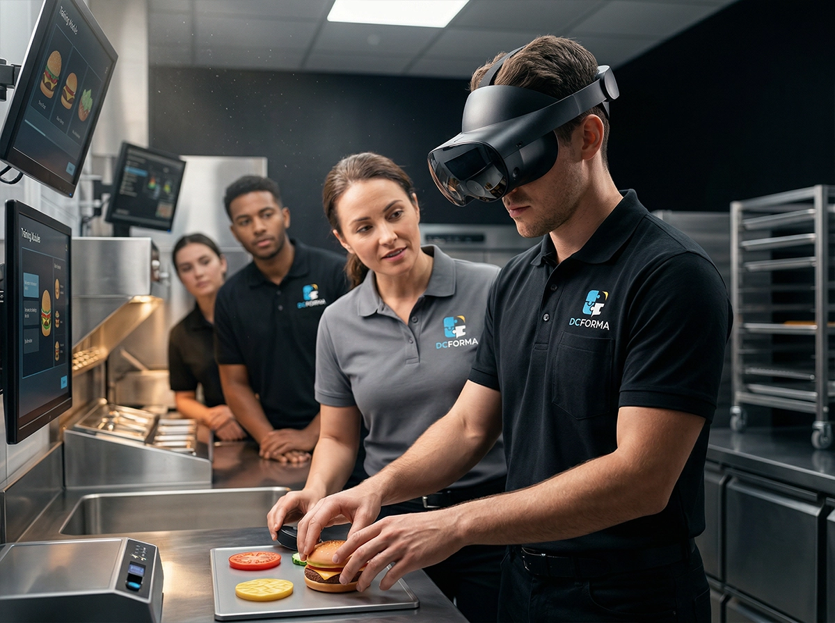 Apprenant en formation immersive en réalité virtuelle en restauration à Dijon avec formateur et équipe en apprentissage